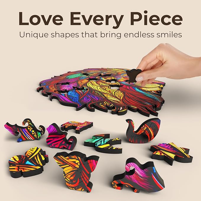 CRAFTHUB Animal Wooden Puzzles for Adults – A3 Lion with 121 Pieces – Jigsaw Puzzles with Unique Animal Shapes – 10.8" x 11.4"