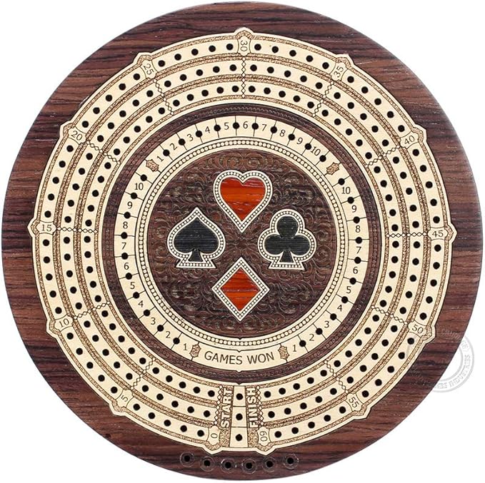 House of Cribbage - Round Shape 3 Track Non-Continuous Cribbage Board - Push Drawer Storage for Pegs and 1 Deck of Cards with Score Marking Fields for Won Games (Rosewood/Maple Wood)