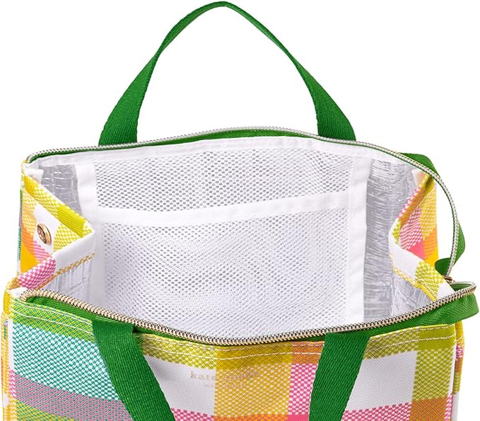 Kate Spade New York Portable Soft Cooler Lunch Bag, Small Insulated Tote, Thermal Lunch Bag with Silver Insulated Lining and Storage Pocket, Spring Plaid
