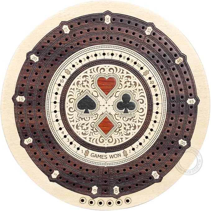 House of Cribbage - Round Shape 3 Track Non-Continuous Cribbage Board - Push Drawer Storage for Pegs and 1 Deck of Cards with Score Marking Fields for Won Games (Maple Wood/Rosewood)