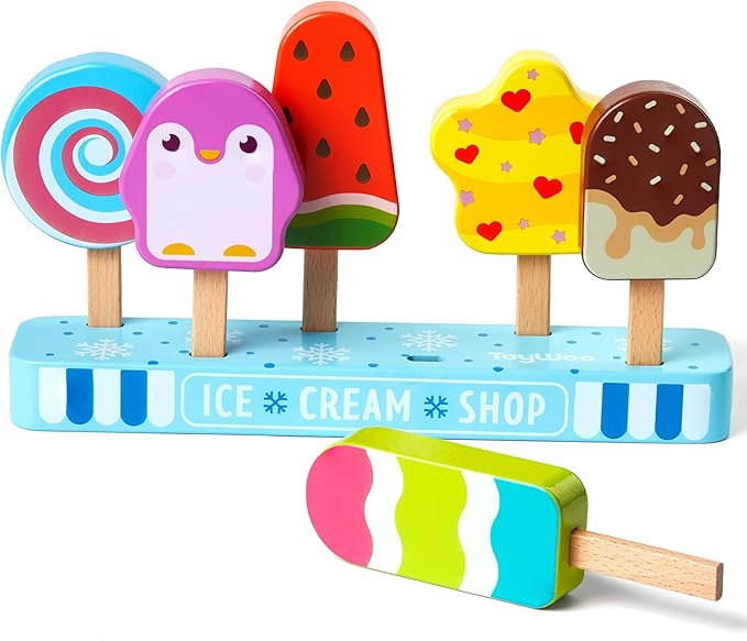 Wooden Ice Cream Toy for Kids, Toddlers Ice Lolly Pops Pretend Play Food Toys Ice Cream Shop Playset Gifts for Kids Age 3 4 5 6 Years Old