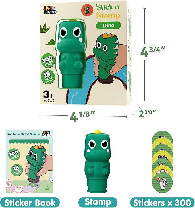 iPlay, iLearn Dinosaur Stamp & Sticker Activity Set - 400+ Stickers & 18-Page Stamper Book, Toddler Creative Art Craft Kit Road Trip Travel Toy, Educational Birthday Gifts for Boy Kid Ages 3 4 5 6 7 8
