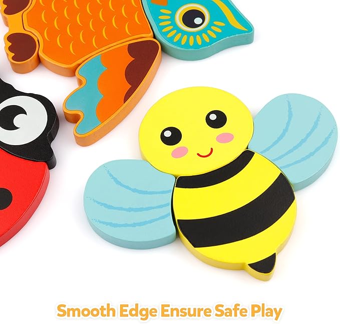 Coogam Wooden Jigsaw Puzzle Set, 6 Pack Animal Shape Color Montessori Toy, Fine Motor Skill Early Learning Preschool Educational Gift Game for Years Old Kids