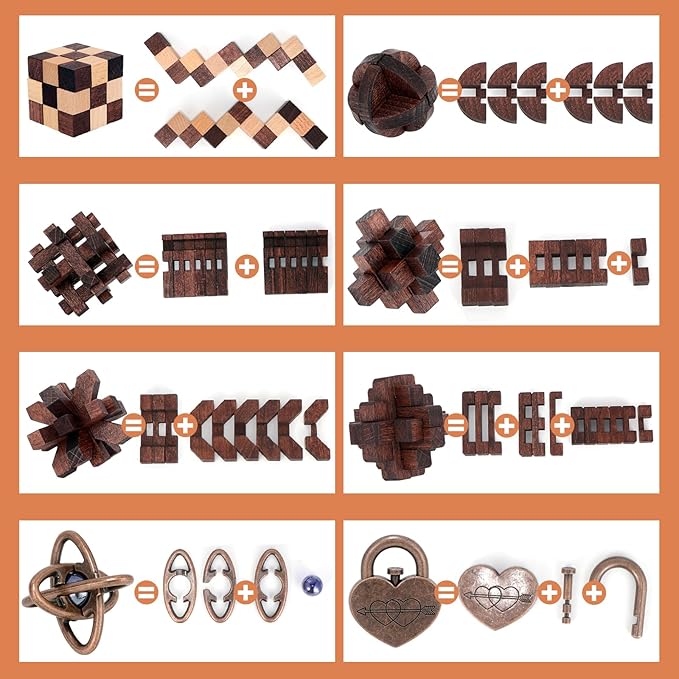 8 Pcs Brain Teaser Puzzles for Adults Teens - Metal Puzzles 3D Puzzle Game Toys for Adults Teens - Wooden Unlock Interlocking Puzzle Adult IQ Education Smart Toys