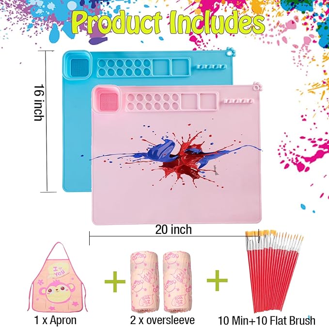 Silicone Painting Mat,Painting Stations Kit [1x Apron,1 Pair Oversleeve,20 Pieces Brushes] Craft Silicone Mats 21"X17" with Detachable Cup for Kids Gift,Paint, Clay, DIY Projects