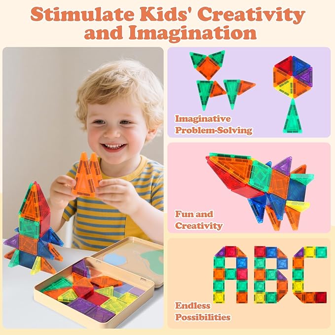 60 PCS Mini Magnetic Tiles, Travel Magnetic Tiles Magnetic Building Blocks with Iron Box, Portable Travel Toys for Kids Ages 4-8, STEM Learning Educational Construction Travel Toys for Toddlers 3+