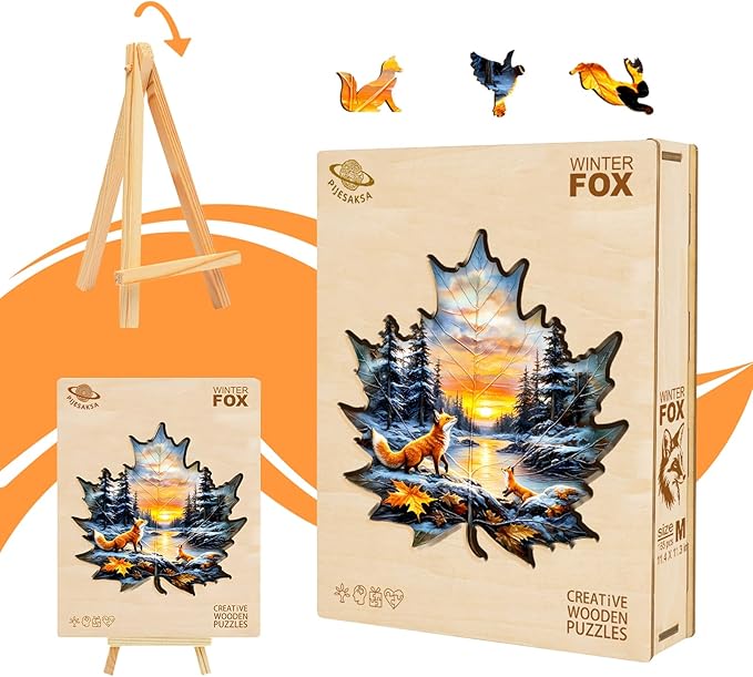 Wooden Puzzles for Adults, Winter Fox Wooden Jigsaw Puzzle for Adults, Magical Forest Wood Puzzles Adult, Unique Animal Shape, Fun Gifts for Friends & Family, Home Decor(S-8.5 * 8.4in-95 pcs)