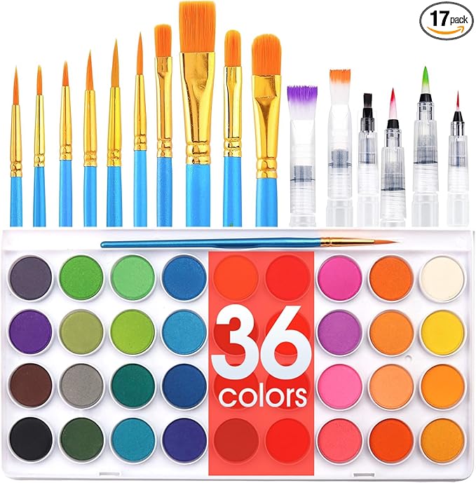 AROIC 36 Colors Watercolor Paint Set, Watercolor Pan Set with 10 Nylon Brushes and 6 Refillable Water Brushes. Perfect for Adults, Children and Beginner Artists.