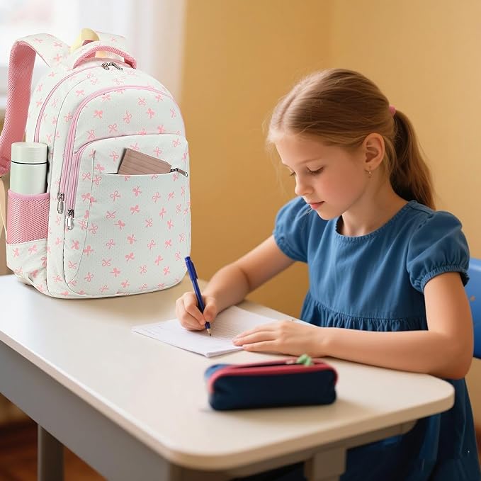 LEDAOU School Backpack for Girls Kids Bookbag Elementary Middle School Bag for 8-14 (Pink Bow)