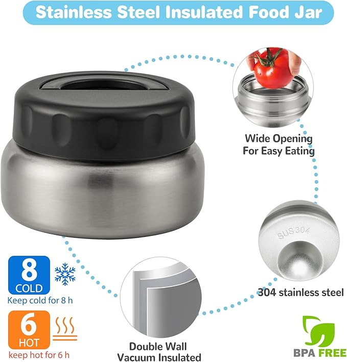 Bento Lunch Box with 9.5 oz Soup Thermo, Kids Leakproof 4 Compartments Bento Box with Silicone Cupcake,Fruit Fork,Spoon and Sauce Cup,Insulated Food Jar for School Travel-Black