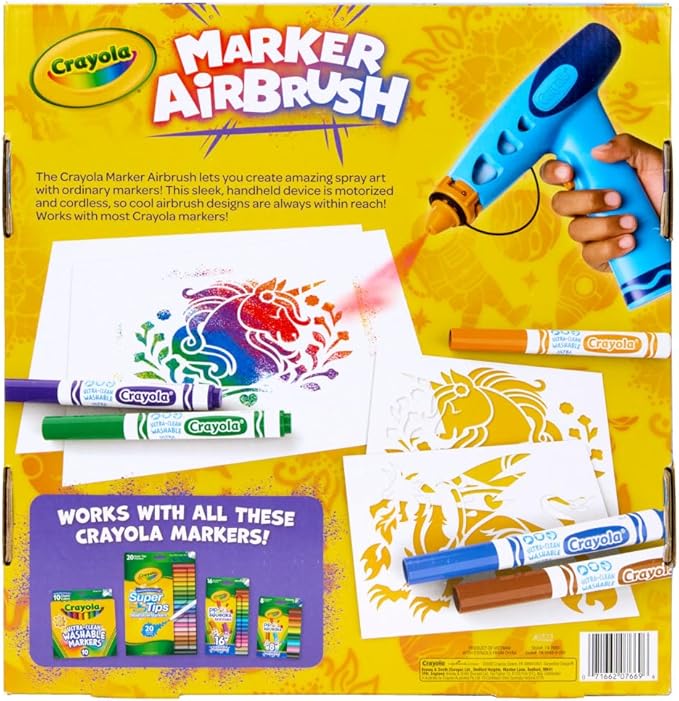 Crayola Marker Airbrush Spray Art Kit, Battery-Powered Sprayer with 8 Washable Markers & 5 Stencils, DIY Craft Set for Kids, Gift for Boys & Girls, Ages 6+