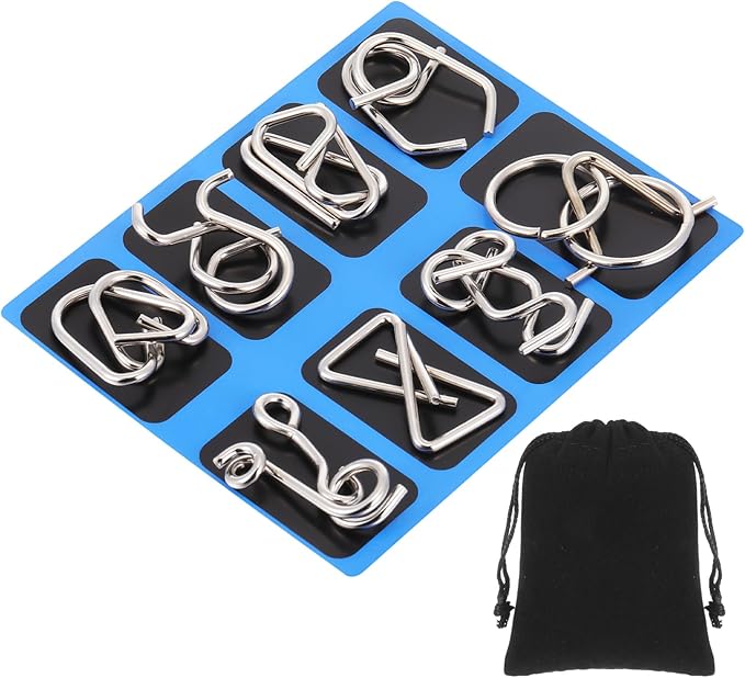 Yilloog Metal Wire Puzzle Set of 8 with Pouch, Brain Teaser Puzzles IQ Test Ring Disentanglement Unlock Interlock Game Trick Metal for Party Favor Challenge(C Style)