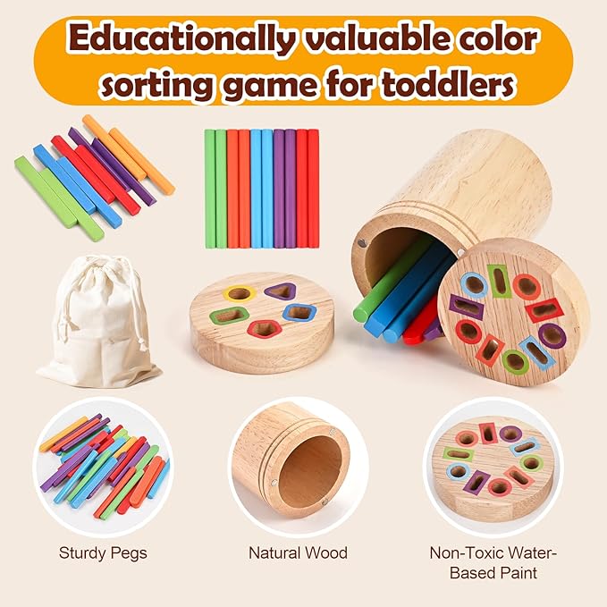 Wooderma Wooden Learning Color Sorting Toys, Montessori Toys for 2 3 4 Year Old, Montessori Travel Toy, Fine Motor Skills Sensory Toy for for Baby Boys Girls