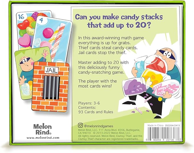 Melon Rind Clumsy Thief Candy Shop Math Game for Kids Ages 8+, Adding to 20 Card Game to Develop Math Skills with Confidence, Educational, Fun Activity for 3-6 Players
