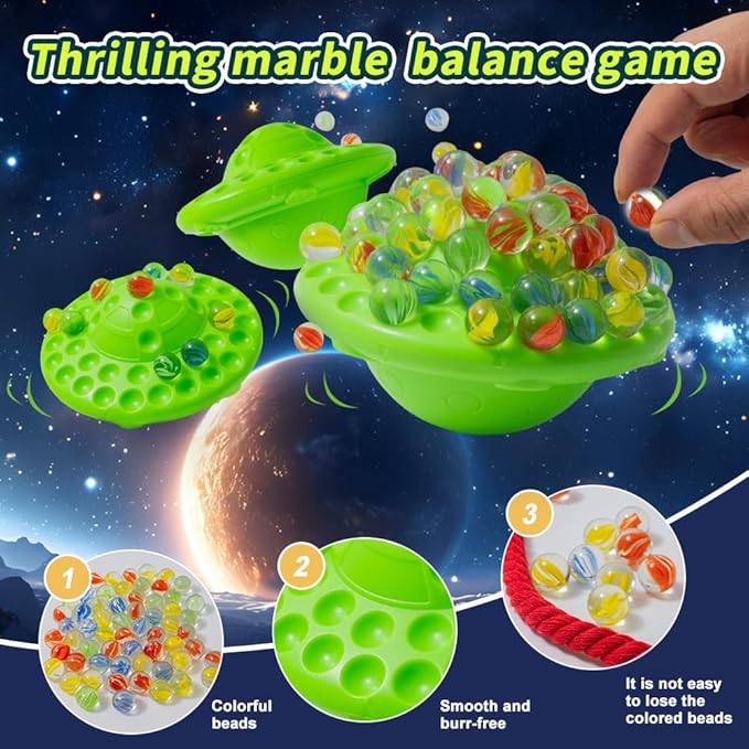 Marble Balancing Game for 1-4 Players with 60 Colorful Marbles & UFO Design - Built-in Storage Family Challenge, Fun Stacking Party Game for Kids Adults Ages 8-12, Perfect Holiday Birthday Gift