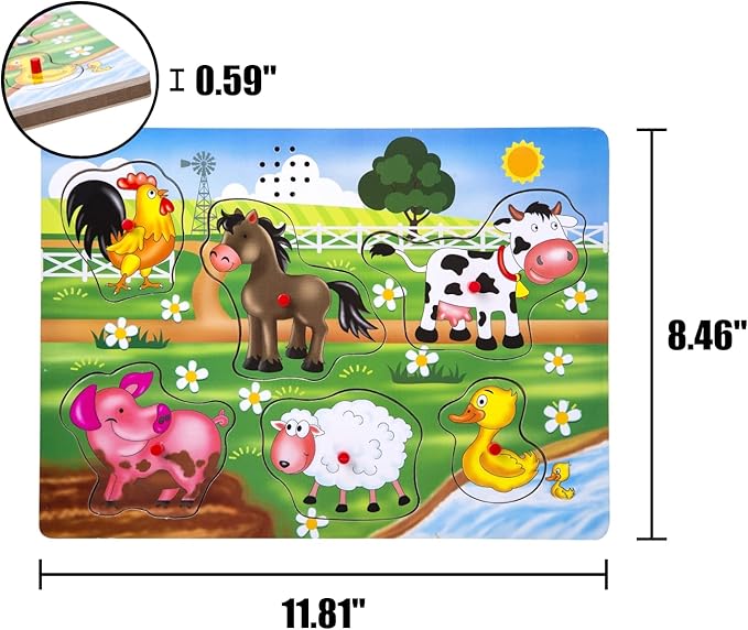 Farm Animals Sound Puzzle, Wooden Peg Puzzles with Sound for Toddlers and Preschoolers Ages 2yrs+, Kids Educational Learning Peg Puzzles Toy Gift (6pcs)