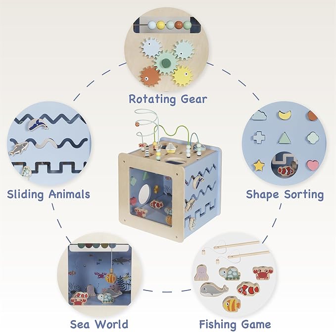Wooden Activity Cube with Bead Maze, 7-in-1 Montessori Toys for 1+ Year Old Boys&Girls,Kids Educational Learning Toys for Toddlers Age 1-2,Under The Sea Adventure Cube with Fishing Game&Shape Sorter