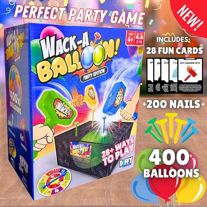 Wack A Balloon Party Edition - Fun for Kids and Adults, Strategy Balloon Popping Game, Perfect for Parties, Game Night, Family Bonding, Classrooms, Popular Social Media Games, Ages 4+