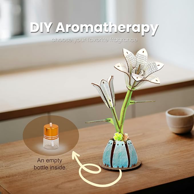 Jege 3D Flowers Wooden Puzzles for Adults,DIY Wooden 2 Flowers per Kit Building Set for Home Decor, Creative Craft Gift Toys Kits with 2 Perfume Bottles and Diffuser Sticks (Rose + Lily)