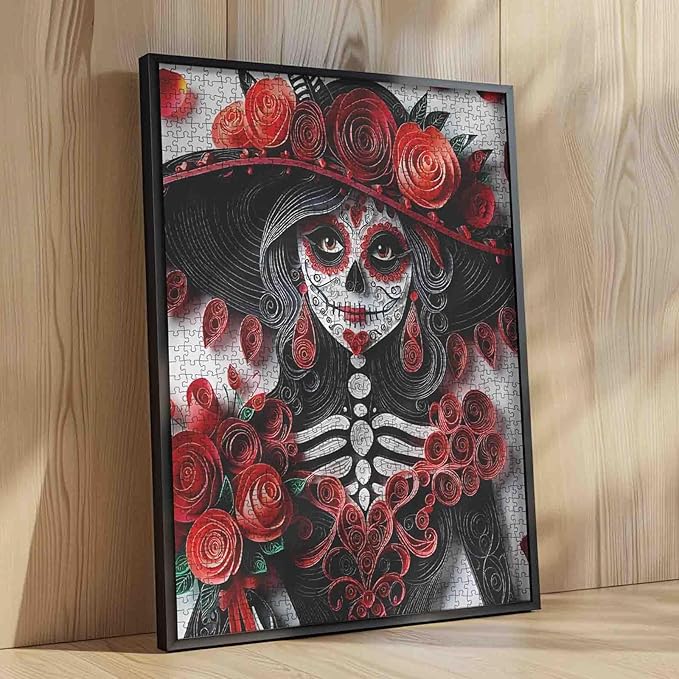 Tucocoo Skeleton Woman 1000 Piece Jigsaw Puzzle for Adults, Elegant Skull Girl Puzzles Red Roses Paper Art Puzzle Home Decor Gift Difficult Art 1000 Pieces Challenging Puzzle Family Game Night