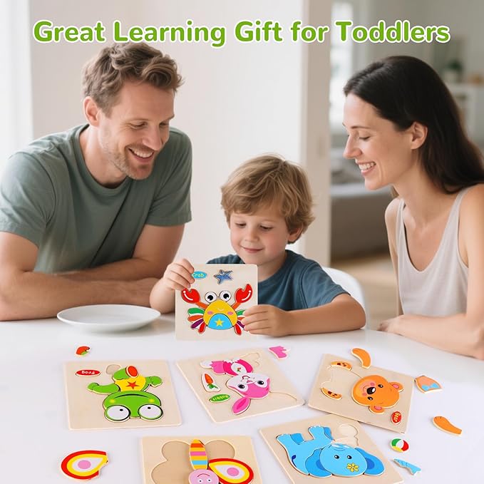 Wooden Puzzles for Toddlers 1-3, Pack of 8 Toddler Animal Puzzles Ages 2-4, Montessori Educational Animals Jigsaw Puzzles Christmas Birthday Gift for Baby Girl Boy Ages 1 2 3 4 Year Old