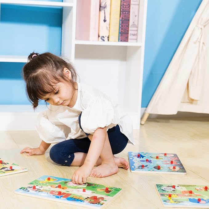 Peg Puzzle Set of 4 (32 pcs), Wooden Knob Puzzles for Toddlers Ages 1-3, Farm Zoo，Forest Animals, Pets, Sea Ocean Animals, Preschool Educational Cognitive Gifts