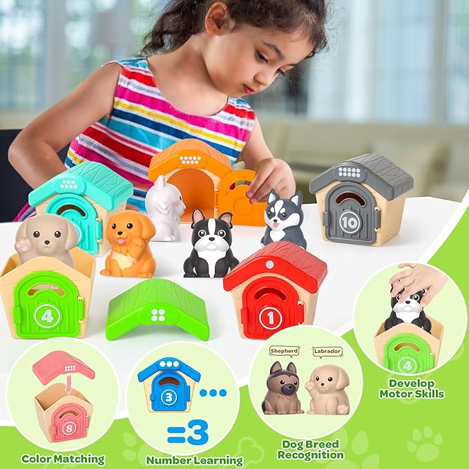 Letapapa Toddler Toys for 1 2 3 Year Old, 20 Pcs Dog Toys for Kids, Montessori Educational Counting, Matching & Sorting Motor Skills, Christmas Birthday Gifts for Baby Boy Girl Aged 12-18 Months