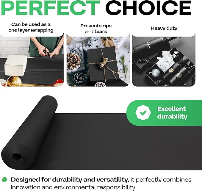 Black Kraft Paper Roll 18" x 2160" (180 feet) - USA-Made Craft Paper for School & Art - Quality High-Density Material for Gift Wrapping & Packing, Shipping & Moving by IDL Packaging