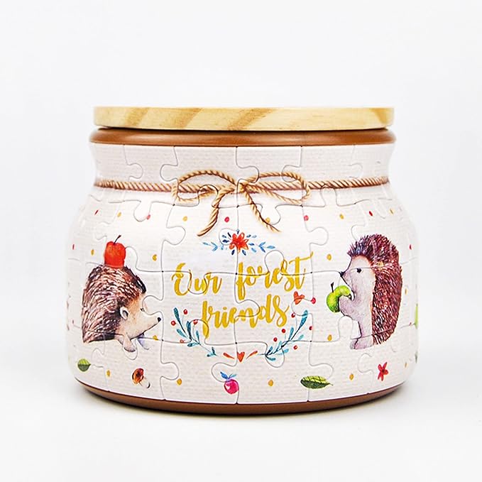 Pintoo 3D Puzzle Jar 64 Plastic Pieces for Adults - Hedgehog and Apple - Wooden Lid Container for Kitchen Dining Study Living Room No Glue Requied Small [BC1001]