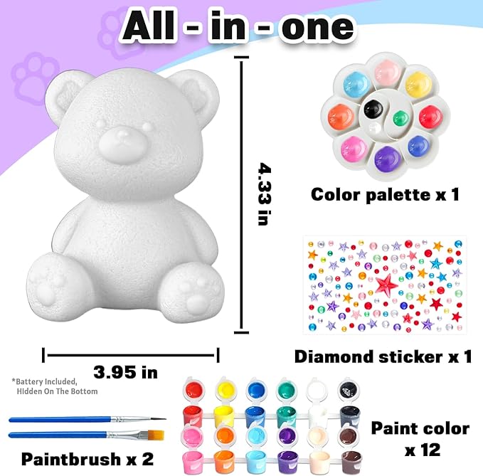 FUNZBO Paint Your Own Bear Lamp Kit - Easter Basket Stuffers Gift, Arts and Crafts Supplies Painting Kits for Kids Teens, DIY Night Light Toy for Toddlers Girls Boys Ages 3 4 5 6 7 8 9 10 11 12 13 +