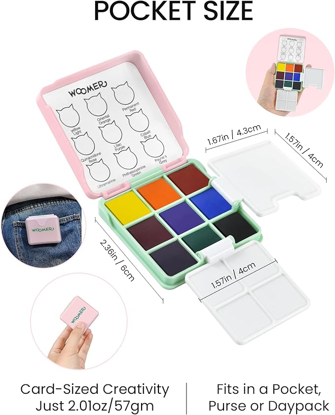Woomer Pocket Watercolor Paint Set, 9 Vivid Colors Travel Watercolor Paint with 2 Foldable Palettes, Wash Cup, Perfect Water Color Set for Kids Beginner Students Adult Gift