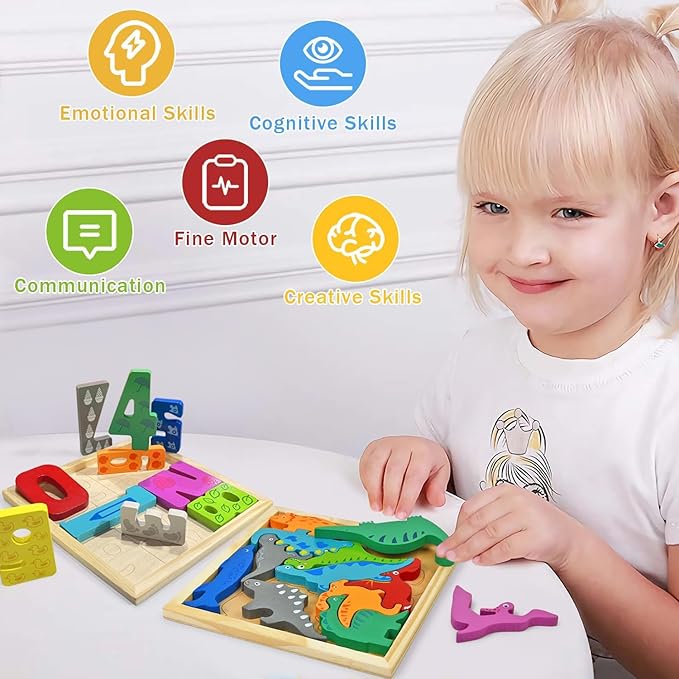 Vileafy 2-in-1 Montessori Toys for Toddlers – Wooden Dinosaur Puzzle and Number Building Blocks for Boys and Girls, Early Educational Pegged Puzzles for Prescgool Toys