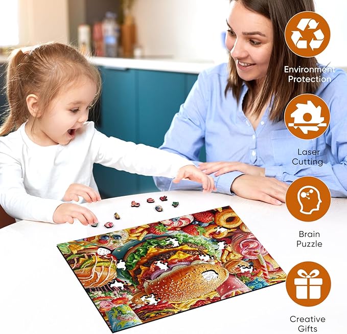 delobil Wooden Puzzles for Adults, Hamburger Jigsaw Puzzle 200 Piece, Unique Shaped Wooden Puzzles Beautiful Gift Package, Creative Birthday Gift for Friends and Family 11.7 * 8.86 in Medium
