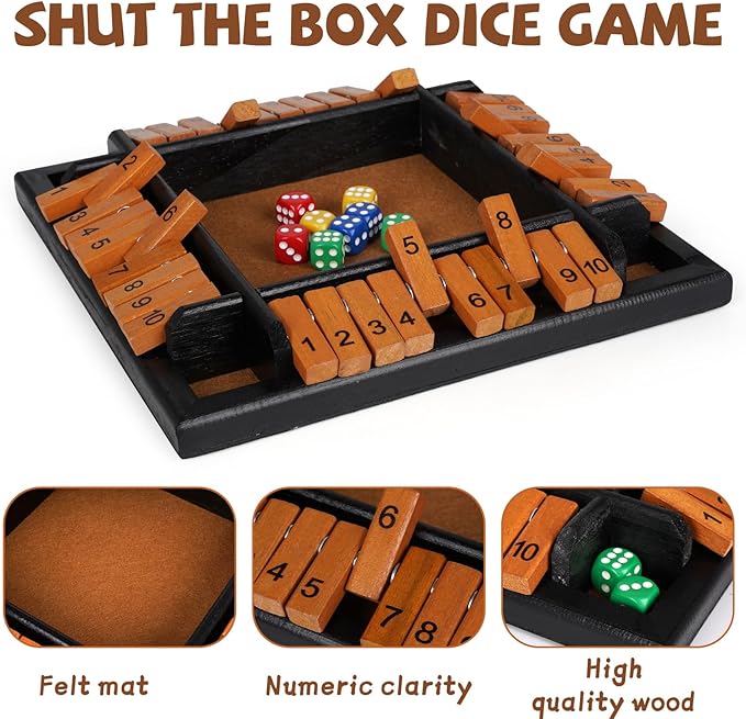 Shut The Box Dice Game, 1-4 Players Wooden Family Board Math Game with 12 Dice ，Pub Strategy Dice Game for Adults Classic Tabletop Educational Game for Family, Classroom, Home