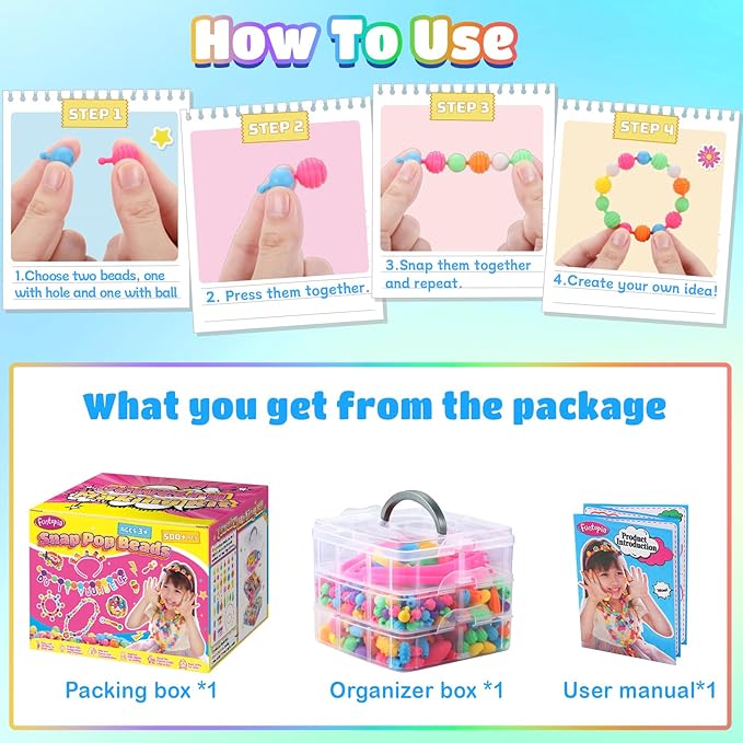 Funtopia Pop Beads, 500+ Pcs Jewelry Making Kit for Girls 4-6, Arts and Crafts for Kids 3 4 5 6 7 8, Colorful Snap Beads DIY Bracelet Necklace Ring Set for Little Girls