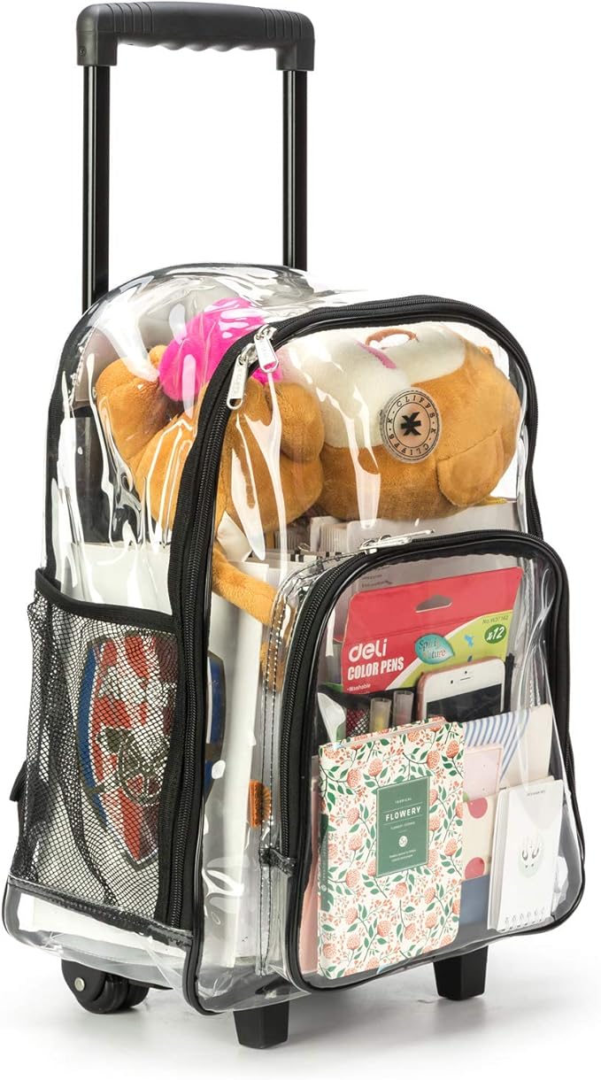 K-Cliffs Rolling Clear Backpack Heavy Duty Bookbag Quality See Through Workbag Travel Daypack Transparent School Book Bags w/Wheels Black