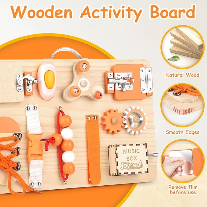 Joyreal Wooden Busy Board for Toddlers - Montessori Sensory Activity Board for Fine Motor Skills, Educational Travel Sensory Toys for Children Toddlers & Kids
