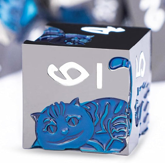 Metal DND Cat Dice 7PCS Polyhedral RPG Dice Set with Gift Case for Dungeons Dragons Role Playing Game, D and D Dice D6 D8 D10 D12 D20 D% (Blue Black)