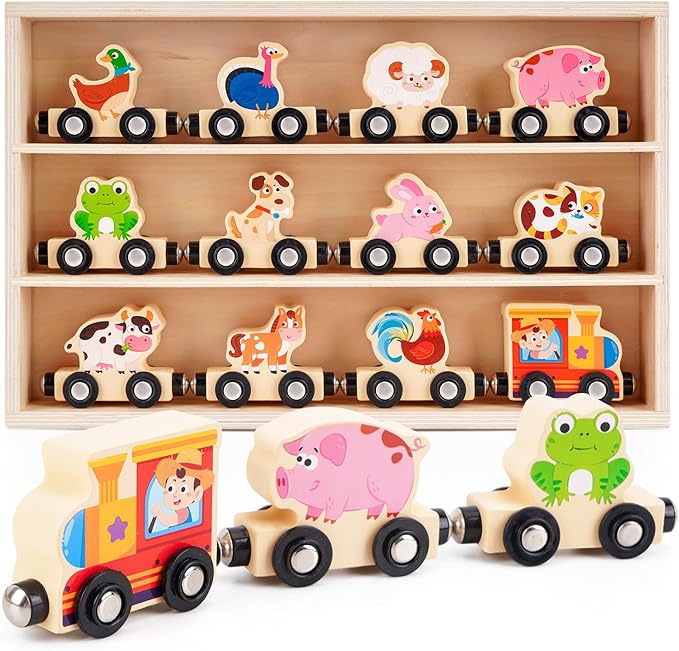 Montessori Wooden Train Toy for 1 2 3 Years Old Toddlers | 12 Magnetic Animals Train Kids Box, STEM Educational Toy with Game Map | 1st 2nd Birthday for Boys Girls