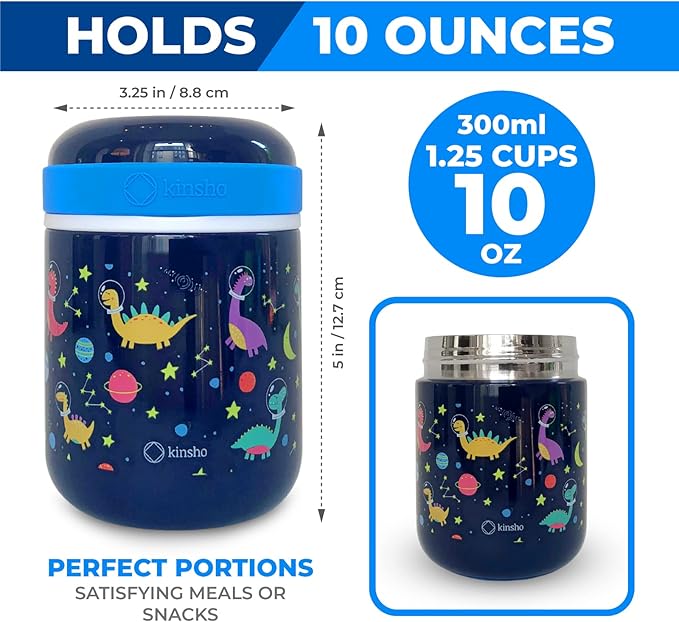 Dinosaur Bento Lunch Box for Boys with Thermo Stainless Steel Food Jar for Hot Food Soup, Insulated Dinosaur Lunch Bag and Ice Pack Set, Kids Container Boxes with 4 Compartments, Blue Space Dino