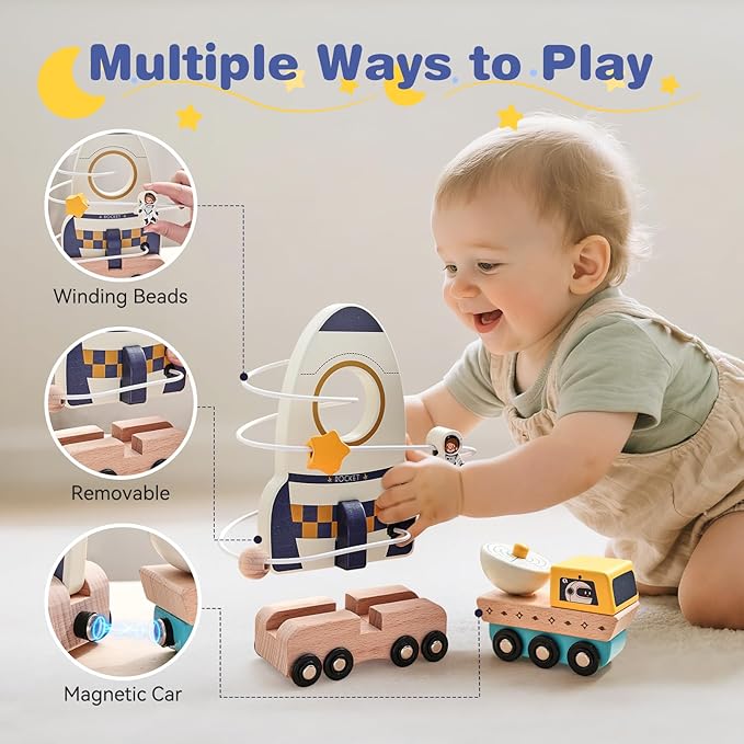 ibwaae Rocket Space Toys, Montessori Toys for 1 2 3 Year Old, Boy and Girl Baptism Birthday Gift, Baby Toys with Shape Sorter Stacking
