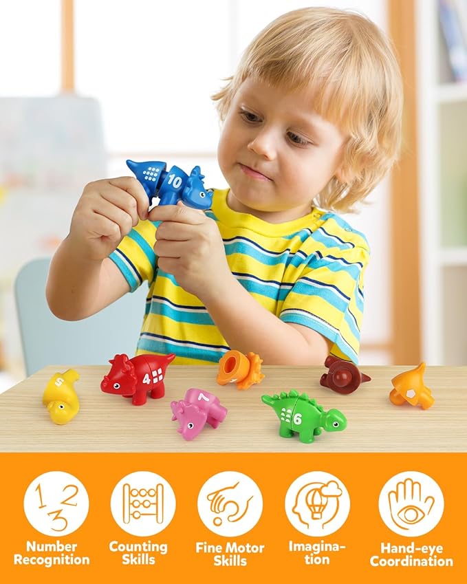 Coogam Numbers Matching Game 10PCS, 123 Counting Dinosaur Toys, Educational Preschool Montessori Fine Motor Skill Mathematics Learning Toys for 2 3 4 Years Old