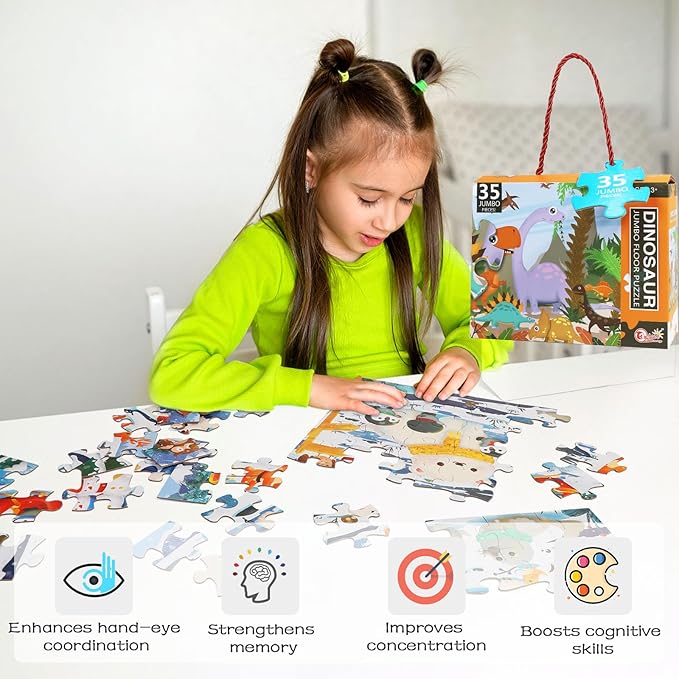 35 Piece Jumbo Dinosaur Puzzle for Kids Ages 3-6, Educational Large Floor Puzzles with Bonus Puzzle Sticker Sheets, Perfect Learning Toy Gift for Boys and Girls