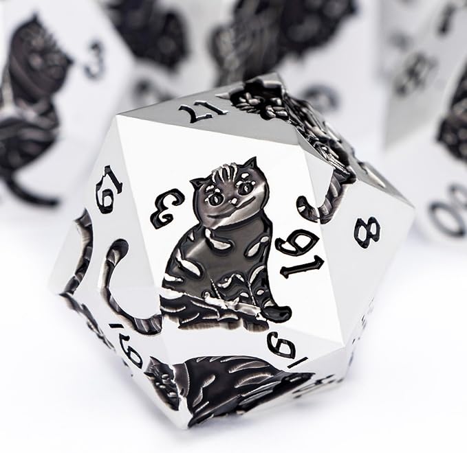 Metal DND Cat Dice 7PCS Polyhedral RPG Dice Set with Gift Case for Dungeons Dragons Role Playing Game, D and D Dice D6 D8 D10 D12 D20 D% (Silver Black)