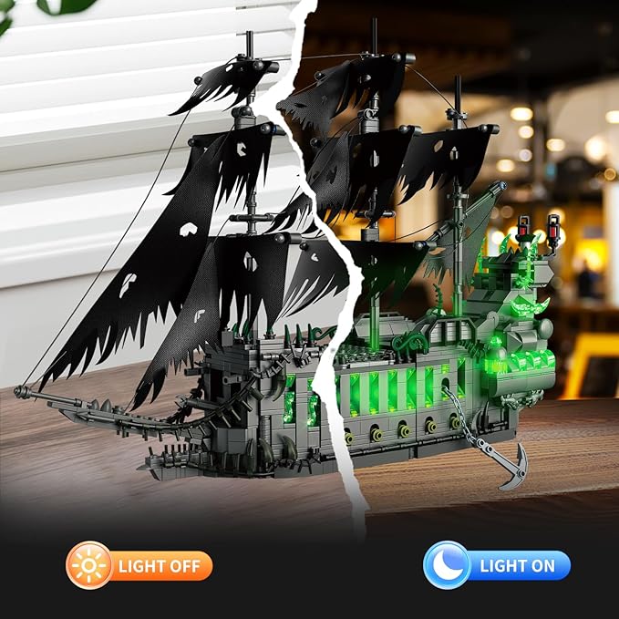 1573 Pcs Pirate Ship Building Set with LED Light,STEM Ghost Ship Flying Dutchman Building Toy,Model Boat Mini Brick Kit Home Office Decor,Halloween Easter Gift for Adults Boys Kids Ages 14+