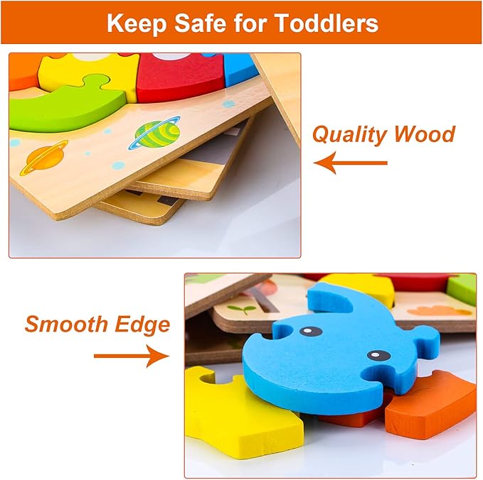 SKYFIELD Wooden Animal Puzzles for 1 2 3 Years Old Boys Girls, Toddler Educational Developmental Toys Gift with 6 Animals Baby Montessori Color Shapes Learning Puzzles