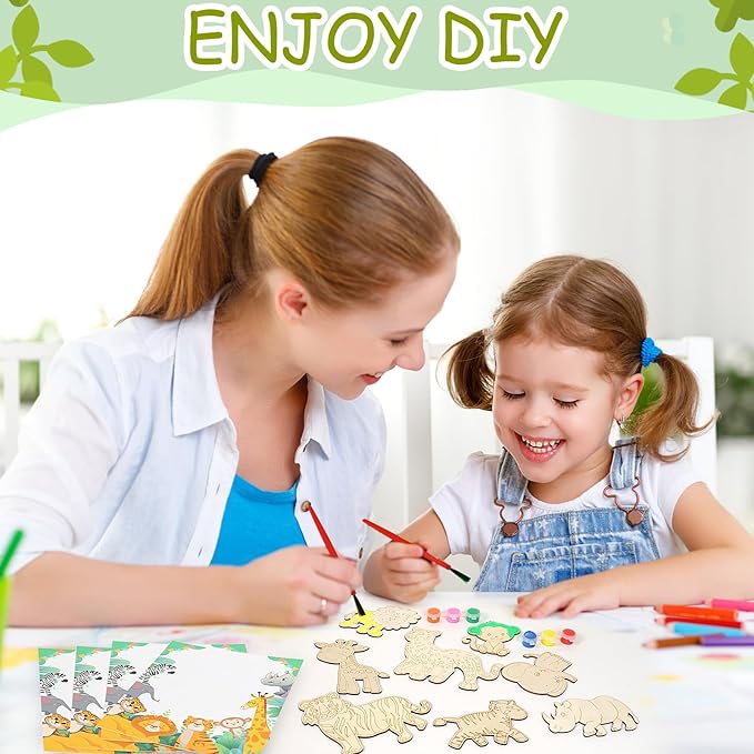 LARDUX Safari Party Favors, 24PCS DIY Wooden Painting Crafts - 8 Styles Animal Shape Unfinished Woodchips Cutouts Craft Kits with Glow in The Dark Paint DIY Party Favors Birthday Party Decorations