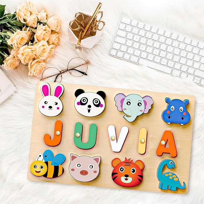 Name Puzzle for Kids Personalized - Custom Name Puzzles for Toddlers 1-3, Customized Wooden Animal Puzzle, Baby Gifts, Baby Shower, Christmas, Newbaby Gift, Gifts for 0 1 2 3 Years Old (style-01)