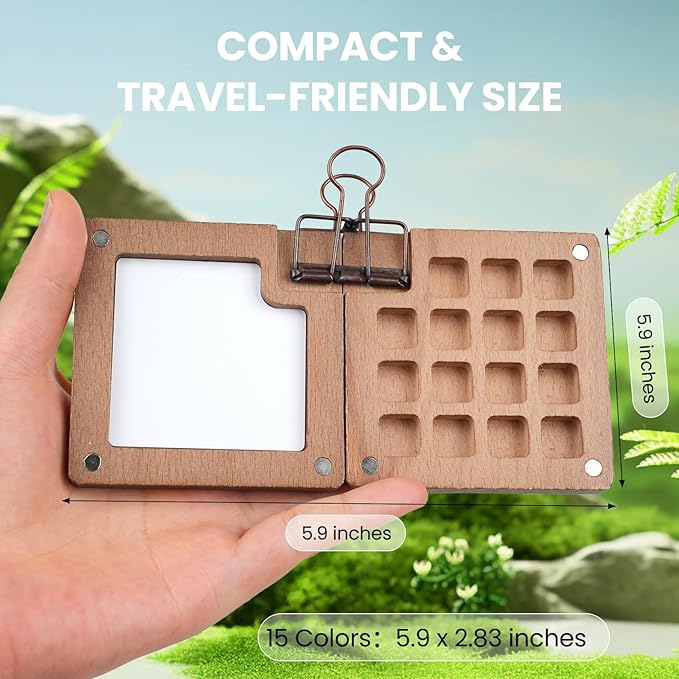 Mini Paint Palette Travel Kit,Mini Travel Watercolor Palette Set,Pocket Artist Water Color Sets with Watercolor Pens,Binder Clips, Include 24 Colors Paint for Beginners Artists Students(Walnut-15 Grids)