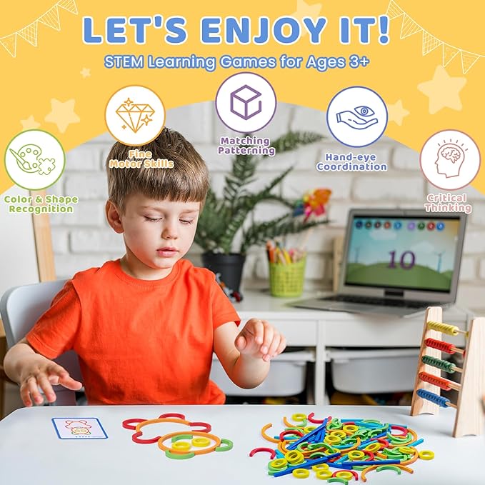 120pcs Wooden Pattern Blocks Shape Puzzles Sticks & Rings Wooden Tangram Puzzle Stem Preschool Brain Teaser Montessori Toys Gift for 3 4 5 Years Old Activity Kids Boy Girl